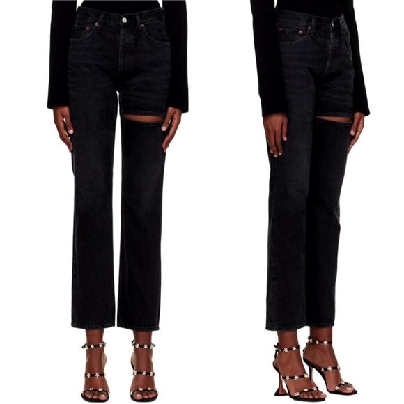 Agolde- Black Thigh Slit Mid Rise Lana Slice Straight Leg Jeans Size 31 - Picture 1 of 8